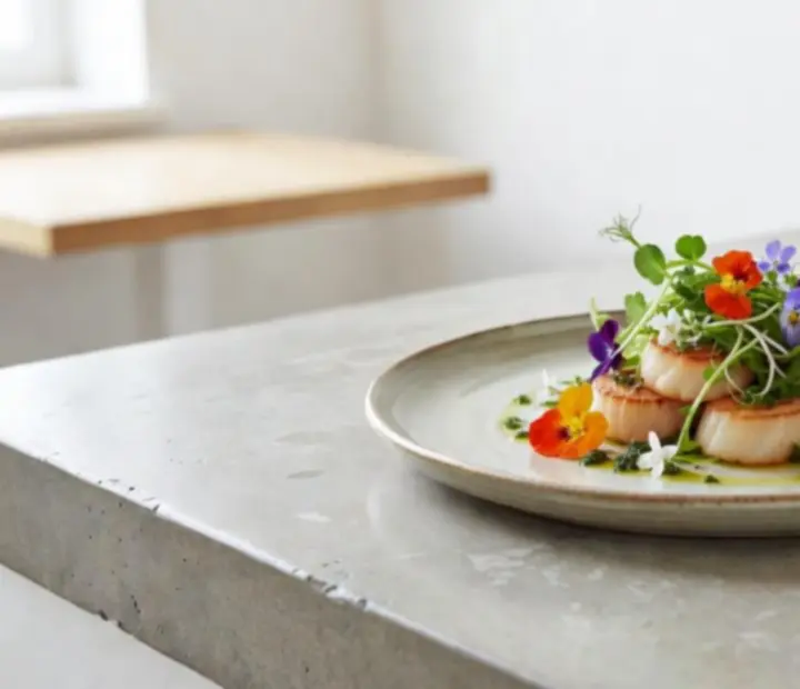 Modern eco-bistro tálalás mikrozöldekkel beton pulton