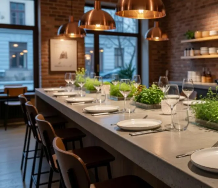 Modern eco-bisztró gasztro-kóstoló beton pulton, micro-greens fogásokkal