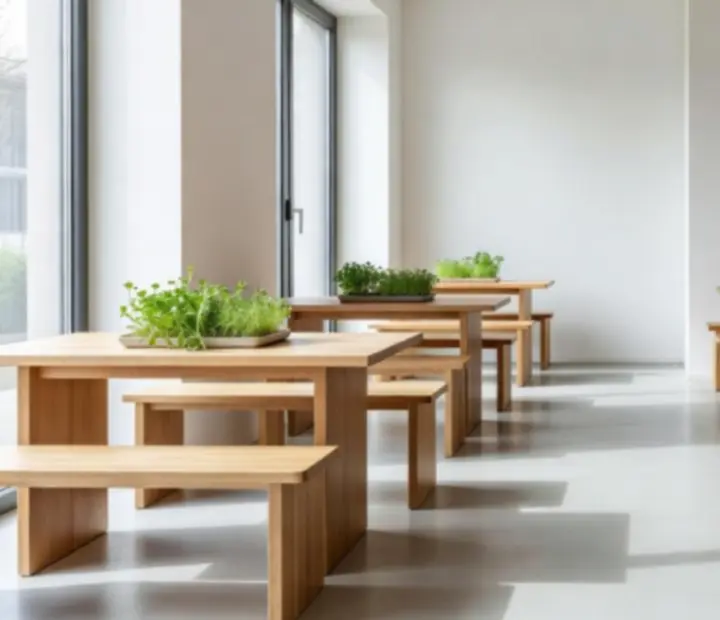 Modern eco-bistro belső tér, természetes fényekkel és letisztult geometrikus elrendezéssel