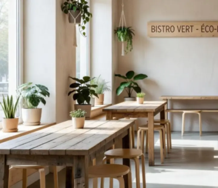 Világos, modern eco-bisztró belső tér fenntartható anyagokkal