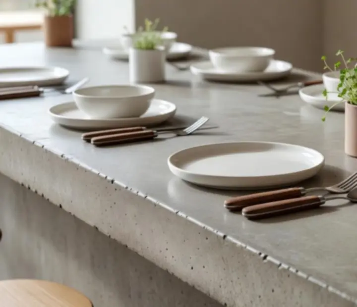 Minimalista betonkonyhapulton tálalt modern eco-bisztró fogások és mikro-zöldek.