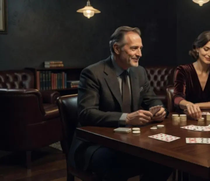 Hangulatos, félhomályos póker lounge modern asztalokkal és kártyapaklival egy budapesti bisztróban.