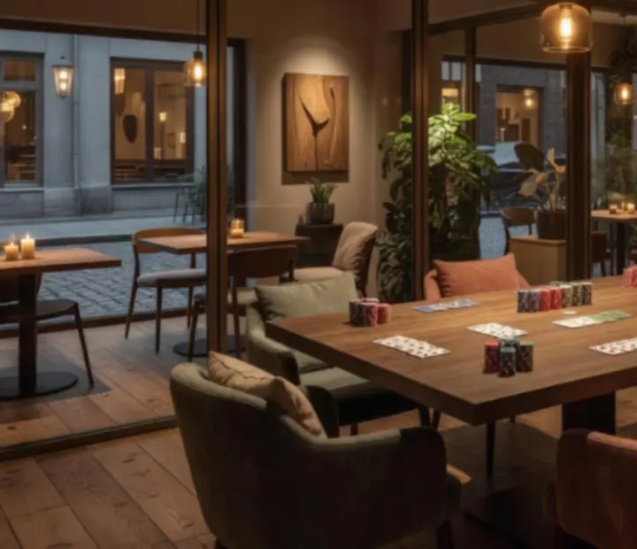 Hangszigetelt, modern Poker Lounge interior beton pulttal és bistro stílussal.